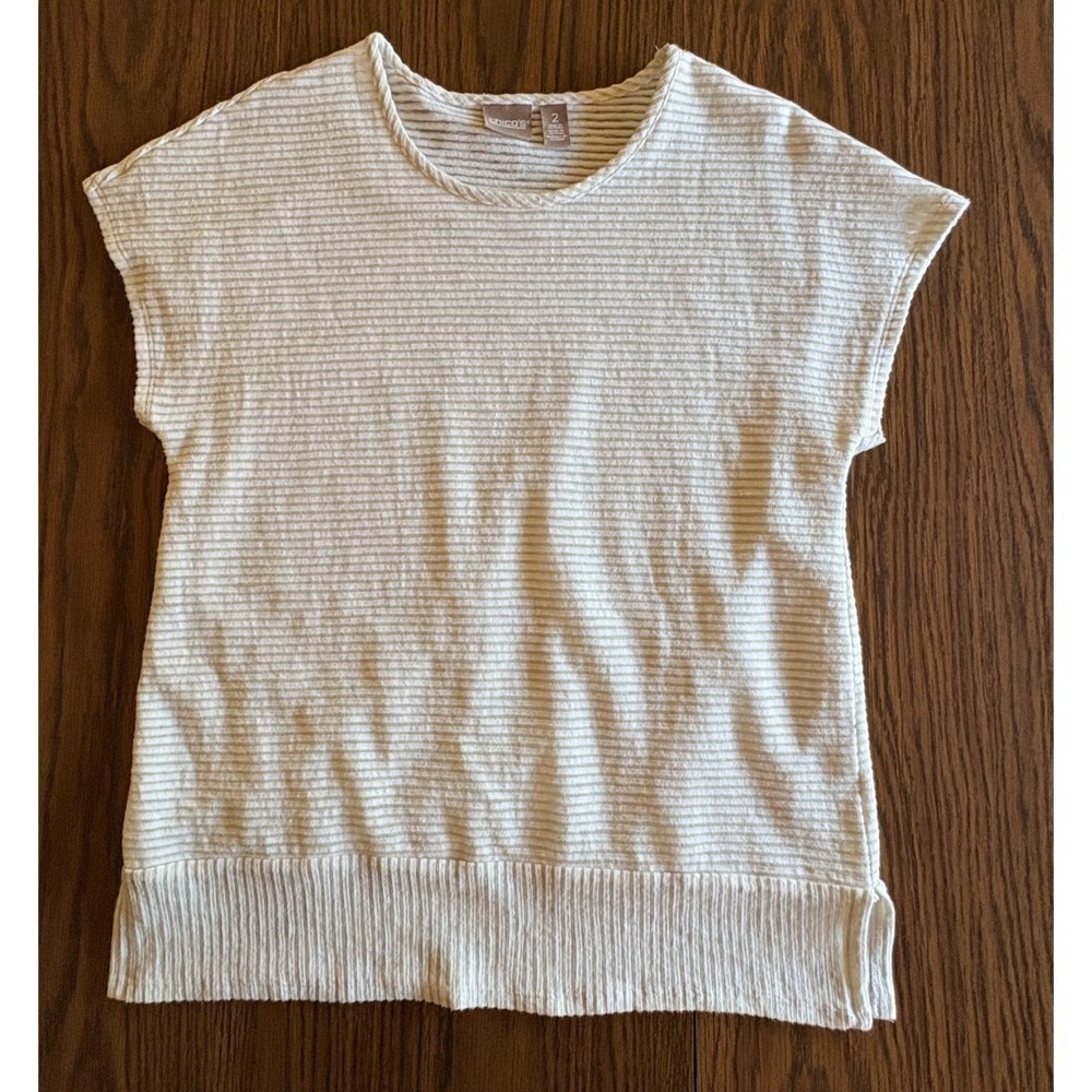 Chico's Size 2/Large Ivory Textured Knit Top Short Sleeve Ribbed Hem Lined EUC